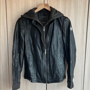 Elegant Black Leather Jacket with  Zip Off Hood